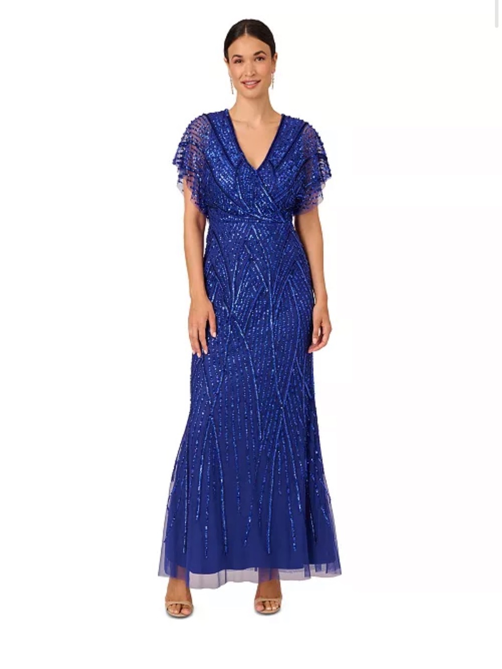 Adrianna Papell Women's Embellished Flutter-Sleeve Gown Royal Blue 8P NWT